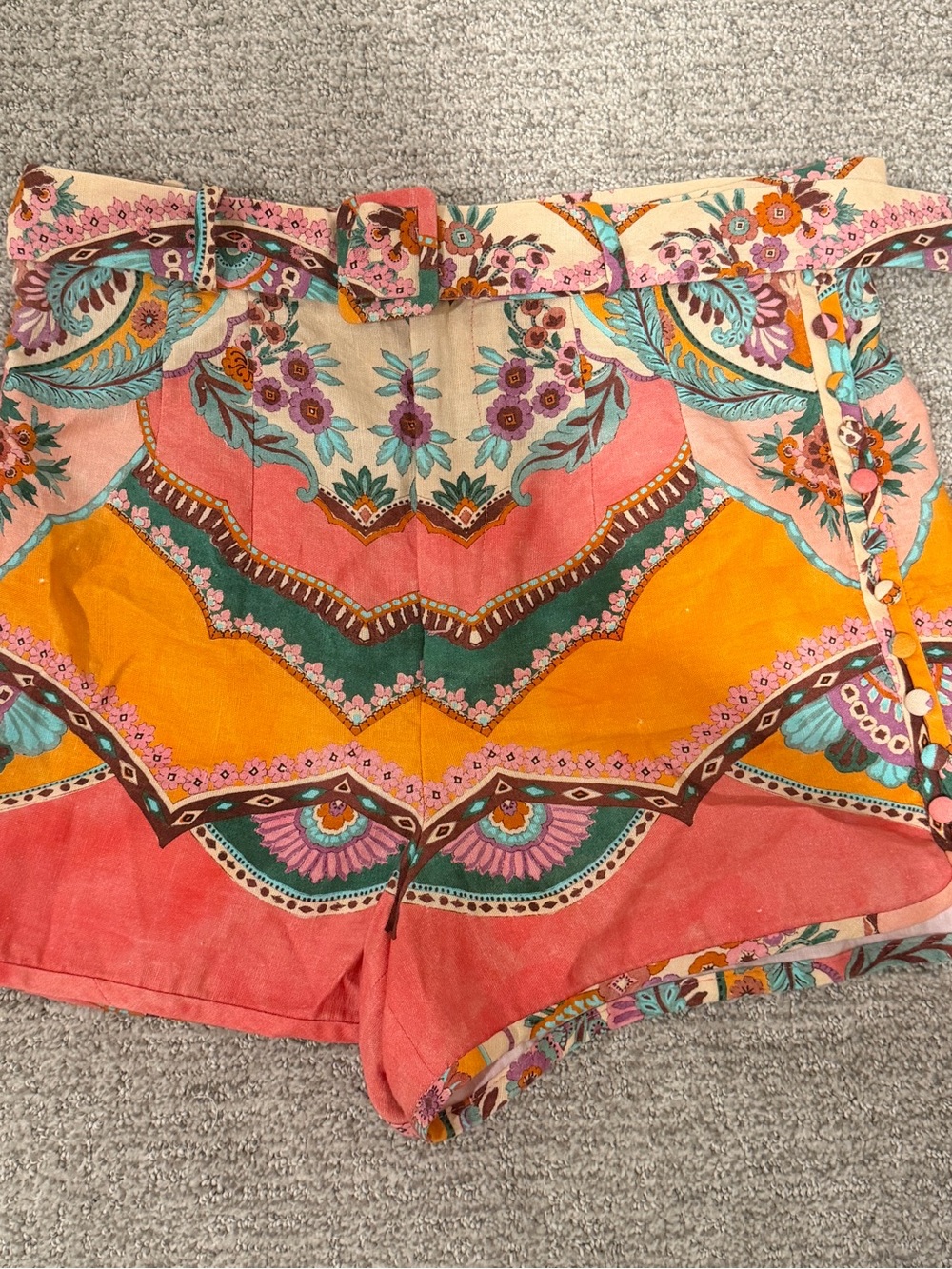 Zara Pink Coral & Yellow High-Waist Printed Shorts with Belt